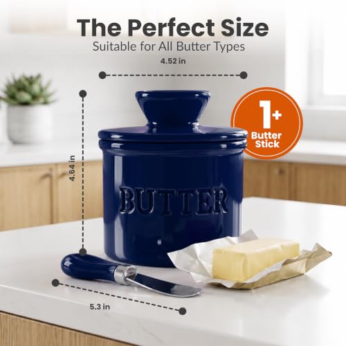 Butter Crock with Lid for Countertop with Spreader Knife and Water Line (Dark Blue / Regular)