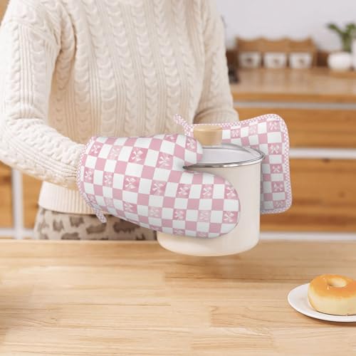 Oven Mitts and Pot Holders Pink Check Bow Pattern Silicone Kitchen Accessories Set of 4 Heat Resistant Long Gloves Potholder Non (A063221)