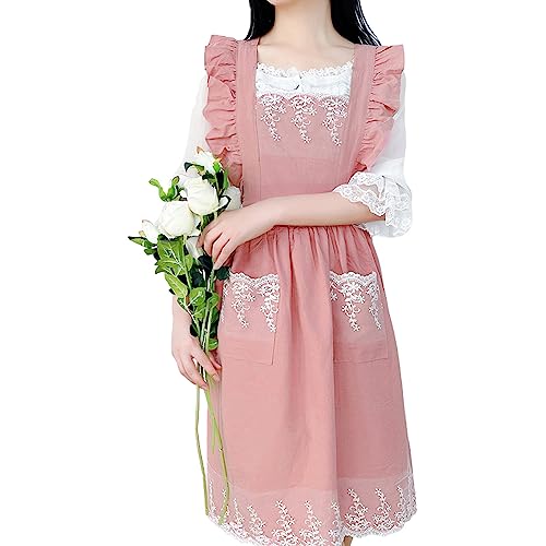 Cute Cotton Apron Frilly Lace Ruffle Adjustable Pinafore Apron Dress with Pockets for Cooking Baking Cleaning Gardening (Pink)