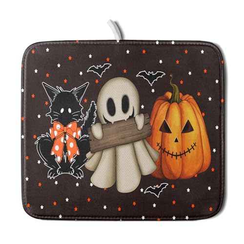 16"x18" Halloween Dish Drying Mat Spooky Pumpkin Ghost Black Cat Bats Kitchen Drainer Mats Holiday Gothic Reversible Microfiber Dish Drying Pad Small Size for Countertop Tabletop Decor (18" x 16")