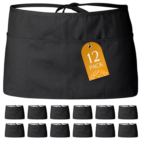 12 Pack Black Server Waist Aprons with 3 Pockets (Black Waist Apron - 12 Pack)