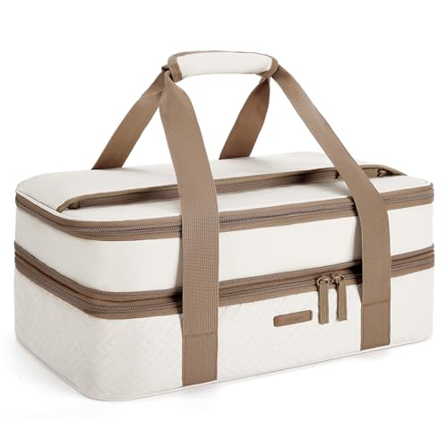 Double Decker Insulated Casserole Carrier for Hot or Cold Food Expandable Thermal Food Carrier for Picnic Cookouts Potluck Parties Fits 9" x 13" Baking Dish (Beige / Double Decker 16.93 x 11.02 x 7.87inch)