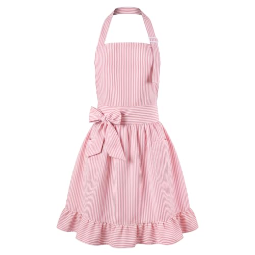 Vintage Apron Ruffle Dress Women 2 Pockets (Pink / Stripe)