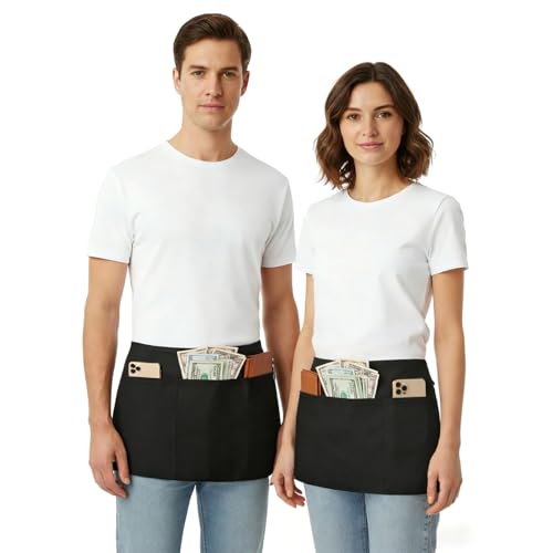 3 Pockets Waitress Apron 12 Pack Cotton Server Apron Black Half Aprons for Men & Women Waterproof and Oil Proof (E-12 Pack Black)