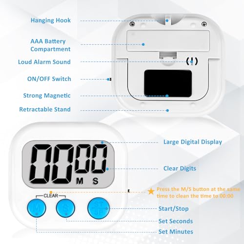 Digital Kitchen Classroom Timers for Kids Cooking 6pcs Wht Blu Grn (White & Blue & Green)
