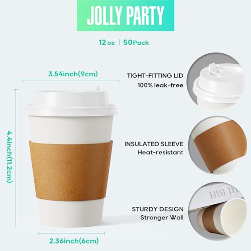 50 Pack 12 oz Disposable Paper Coffee Cups with Lids & Sleeves (12oz 50Pack)