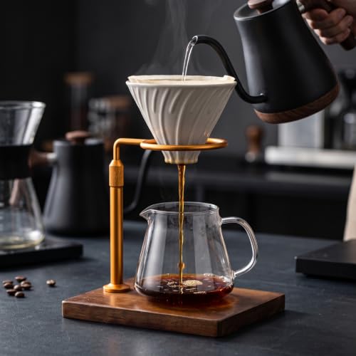 Support Stand Coffee Dripper Holder Pour Over Rack Manual Station With Wooden Base And Metal Column Clean Geometric Design Suitable for modern kitchens minimalist decor coffee stations