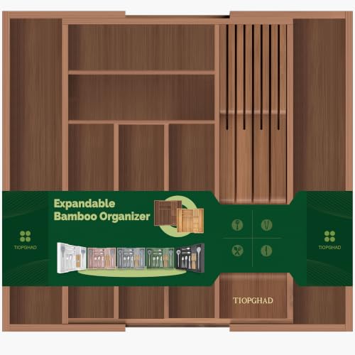 Expandable Bamboo Silverware Organizer with Knife Block (Brown / Large)