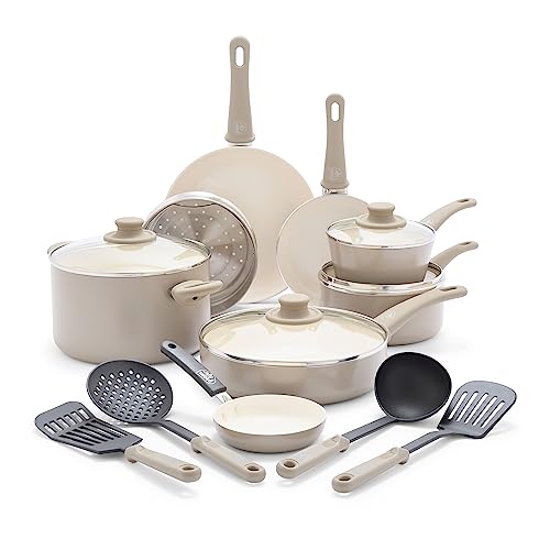 16 Piece Ceramic Nonstick Pots & Pans Cookware Set (16 Piece Cookware Set / Soft Grip / Taupe)