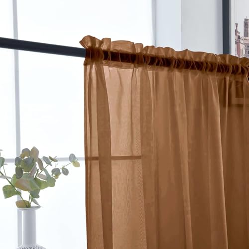 Sheer Voile Window Treatment Rod Pocket Curtain Panels for Kitchen Bedroom Living Room Drapes Sunlight Filtering Privacy Semi Home Decor Assorted (Brown / 52"W x 45"L (Pack of 2))
