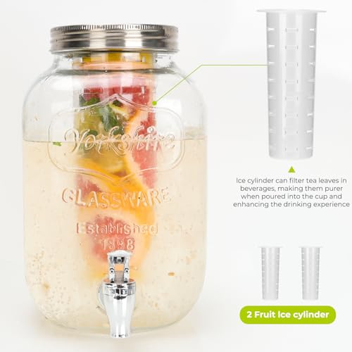 2 Pack 1 Gallon Glass Drink Dispensers with Ice Core for Party (1 Gallon with Wooden Lid)