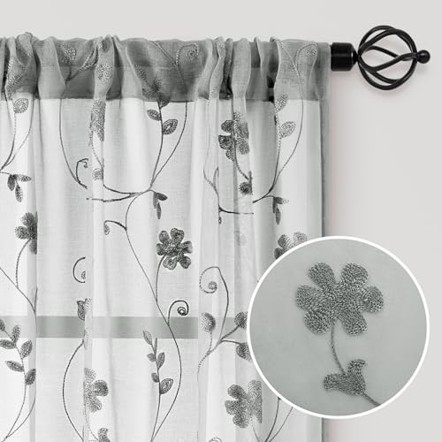 Grey Sheer Curtains 84 Inches Long 2 Panels Embroidered Floral Pattern Semi Sheer Window Curtains for Bedroom Living Room (52"W x 84"L (Pack of 2) / Grey)