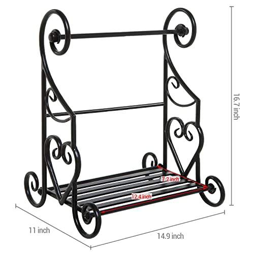 Black Metal Paper Towel Holder with Heart Scroll Shelf Rack (Black)