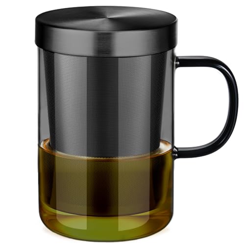 16.9oz Glass Tea Cup with Infuser and Lid 430ml (Black / 16.9 Ounces)