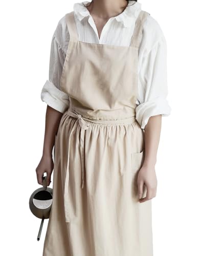 Japanese Cotton Linen Cross Back Work Apron for Women with Pockets Pinafore Dress Smock (01-beige)