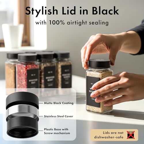 Glass Spice Jars with Label (Black Stainless Steel Lid)