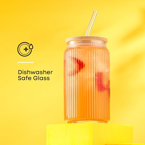 Fluted Glass Tumblers with Bamboo Lids and Glass Straws (Clear Glasses)