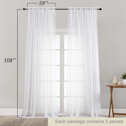 Extra Long Sheer White Curtains for Bedroom Living Room 108 Inches Long 2 Panels Set (White / 59"W x 108"L (Pack of 2))