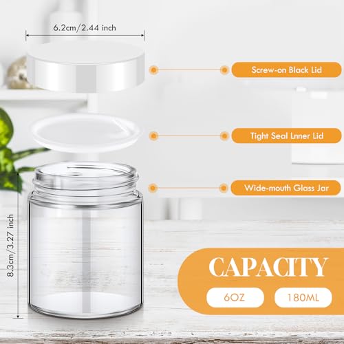 24 Pcs Bulk 6oz Glass Jars with Lids Leakproof Round Airtight Empty Cosmetic Jars with Inner Liners Lid for Storing Lotions Spices Ointments Food Storage (White White)
