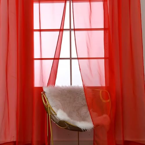 Sheer Red Curtains 4 Panels Rod Pocket Semi (Red / 52"W x 63"L (Pack of 4))