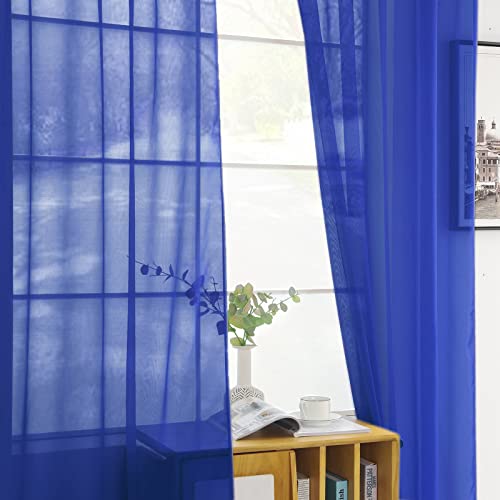 Solid Sheer Rod Pocket Curtain Voile Draperies 2 Panels White Beige Black Grey Coffee 52 Inch Width 108 Inch Long 1 Pair for Kitchen Bedroom Children Living Room Yard (Blue Sapphire / 52"W x 108"L (Pack of 2))