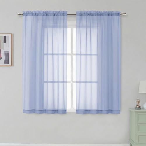 Rod Pocket Top Solid Voile Sheer Curtains for Bedroom (Denim / 42"W x 54"L (Pack of 2))