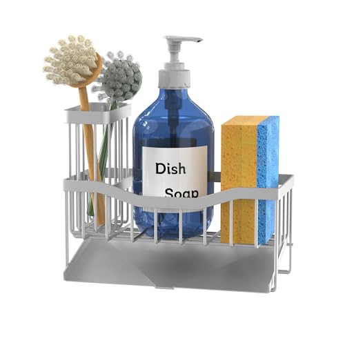 Maifan Sink Caddy Sponge Holder for Kitchen with Brush Holder and Stainless Steel Self Drain Tray (Lacquer Silver)