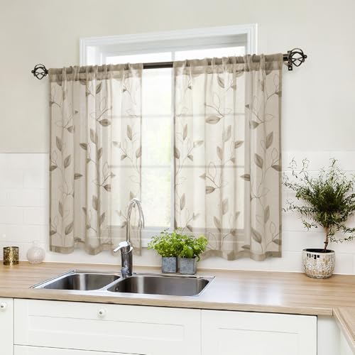 Taupe Kitchen Sheer Tier Curtains Leaf Embroidered (30"W x 36"L (Pack of 2) / 2-taupe/Beige)