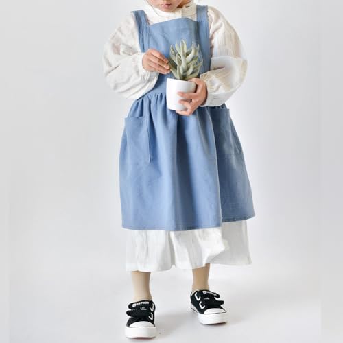 Toddler Apron Cotton Linen Apron Housewarming Gift Mother's day Cute Aprons For Kids Cross Back Aprons For Girls Baking Pottery Pinafore Apron Art Ligth Blue Kids 3 (Ligth Blue Kids / 3-6 Years)