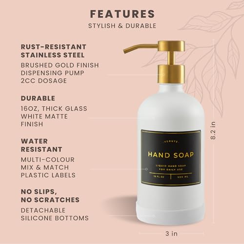 Hand and Dish Soap Dispenser for Kitchen and Bathroom (Matte White Bottle / Brushed Gold Pump)