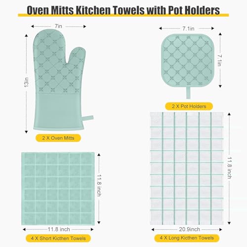 Oven Mitts Kitchen Towels Dishcloths with Pot Holders Sets 12PCS (Mint Green)