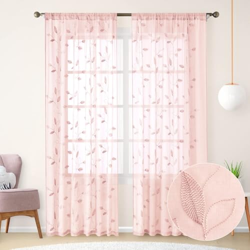 Blush Pink Sheer Curtains Leaf Embroidered (52"W x 96"L (Pack of 2) / Pink)