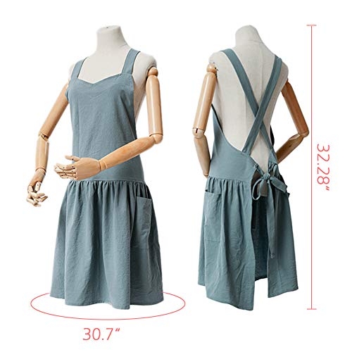 Japanese Cotton Cross Back Pinafore Apron for Women with Pockets Navy (12 - Navy Blue With Waist Ties)
