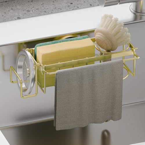 4-in-1 Sponge Holder for Kitchen Sink with Strong Suction Cup-Gold (7.28" x 2.36" / Gold)