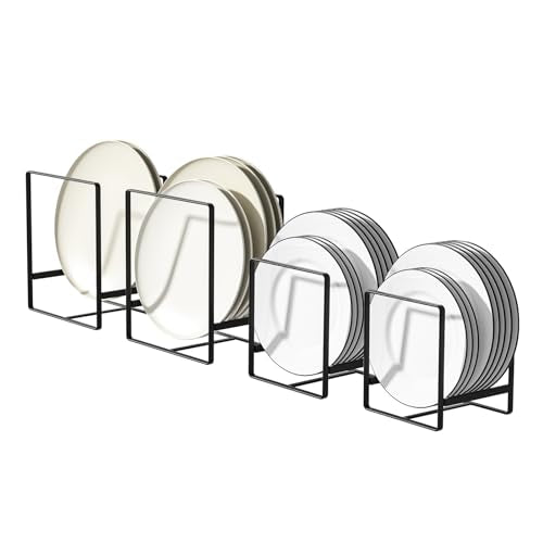 2 Large 2 Small Plate Organizers Holders Upright Cabinet Dish Drying Racks Metal Plate Dish Organizers Racks Stands for Countertop and Cupboard Black (2l2s Black)