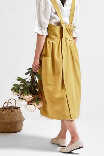 Cotton Cross Back Kitchen Cooking Aprons for Women with Pockets Cute for Baking Gardening Cleaning Without Waist Ties (Black-c)