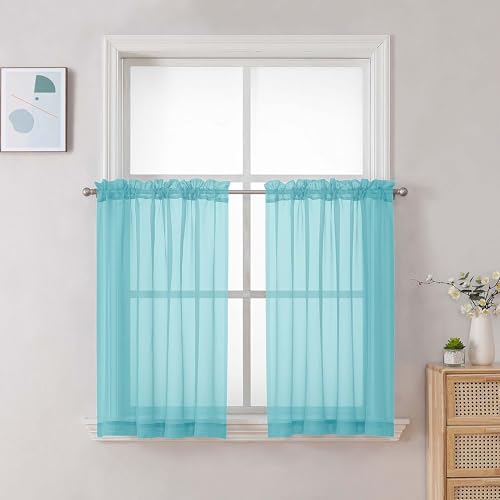 Sheer Curtains 36 inch Length 2 Panels Set (Aqua / 42"W x 36"L (Pack of 2))