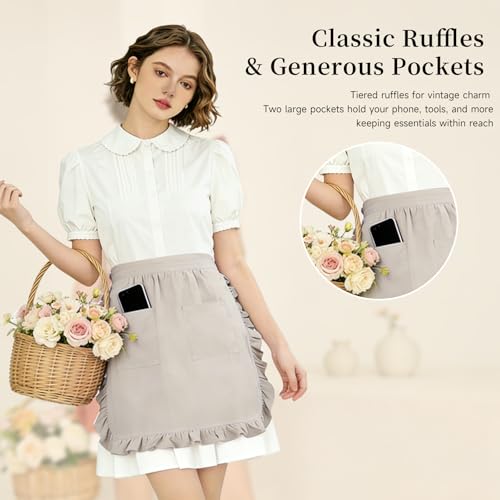 Vintage Maid Apron for Women with Pockets (Beige)