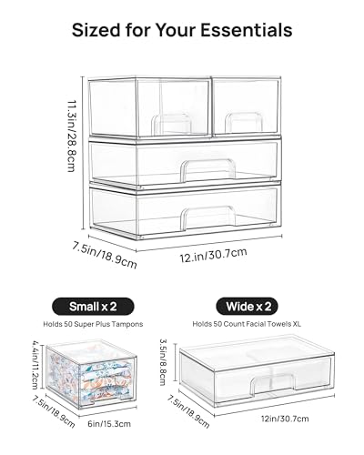 Clear Stackable Storage Drawers Set of 4 (2 Small+2 Wide)