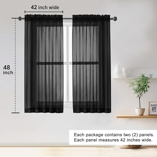 Sheer Black Curtains 84 Inch Length 2 Panels Set for Living Room Bedroom (Black / 42"W x 48"L (Pack of 2))