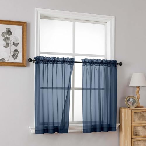 Navy Blue Small Sheer Curtains Tier 24 Inches Length 2 Pieces (42"W x 24"L (Pack of 2) / Navy Blue)