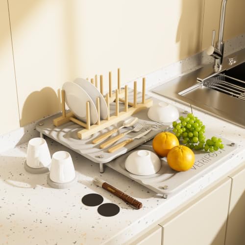 Nested Dish Drying Mat with Bamboo Rack for Dishes (Bamboo Rack Moonlight Gray)