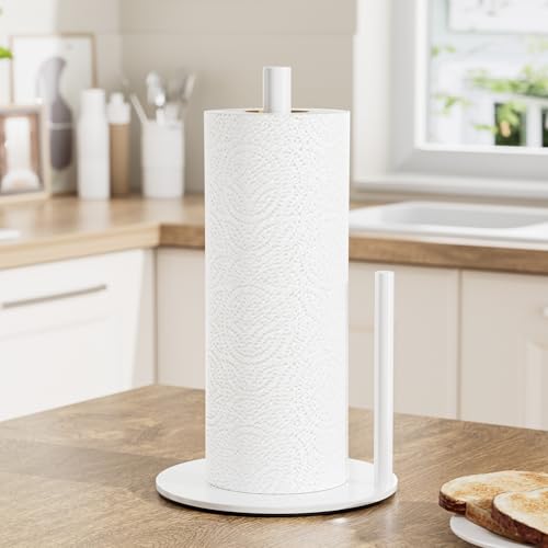 Paper Towel Holder White Stainless Steel Kitchen Countertop Roll Organizer (White)