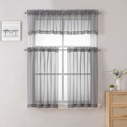 Charcoal Grey Sheer Curtains 14 Inch Length 2 Panels Set (Charcoal Grey / 40"W x 14"L (Pack of 2))