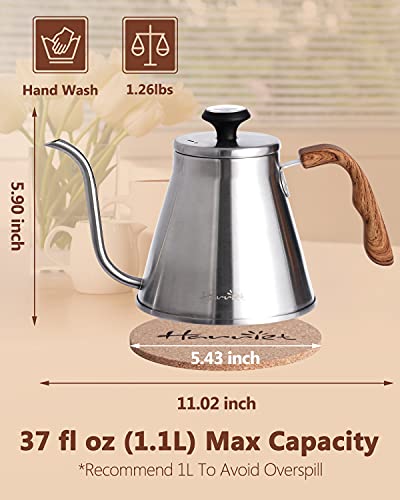 Gooseneck Kettle with Thermometer for Pour Over Coffee and Tea (Silver)
