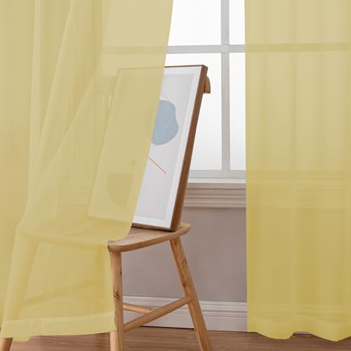 Sheer Mustard Yellow Curtains 90 inches Long 2 Panels (Yellow / 42"W x 90"L (Pack of 2))