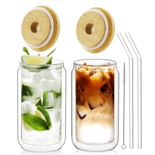 Double Wall Drinking Glass Cups with Bamboo Lids & Straws (12oz*2)