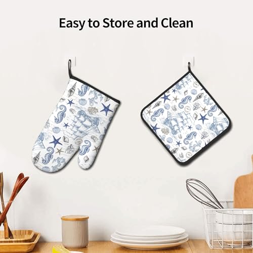 Navy Blue Oven Mitts and Pot Holders Sets Summer Beach Starfish Seashell Oven Glove Hot Pads for Kitchen Nautical Chef Gifts for Cooking Lover Cooks (Ocean Nautical)
