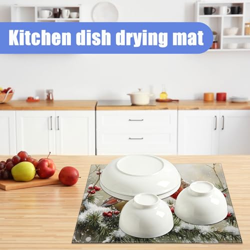 Winter Cardinal Bird Dish Drying Mat for Kitchen Counter Snow Drying Pad Absorbent Reversible Dish Drainer Rack Mats Draining Pad 18"x24"Inch