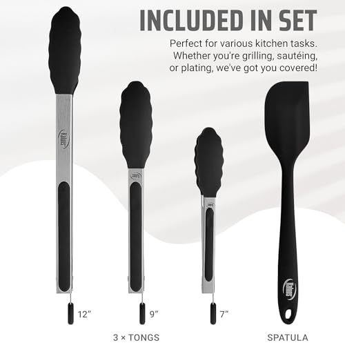 Kitchen Tongs for Cooking Grilling Set of 4 (Black)
